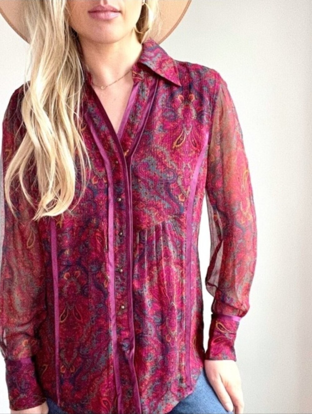 Vintage Coldwater  Silk Paisley Babydoll Shirt Chiffon Boho Western Size PXL